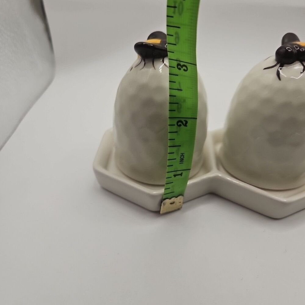 White Ceramic Bee Hive Salt and Pepper Shakers with Honeycomb Tray 3" - Picture 15 of 16